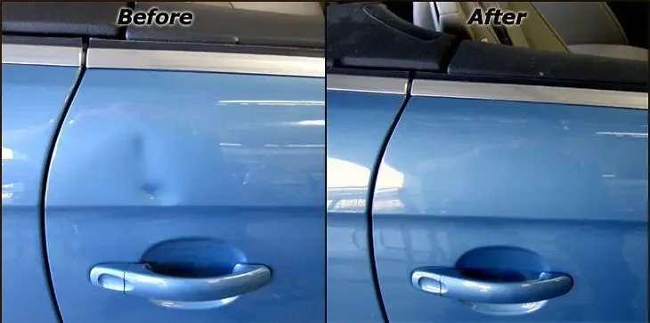 Blue door before and after paintless dent repair