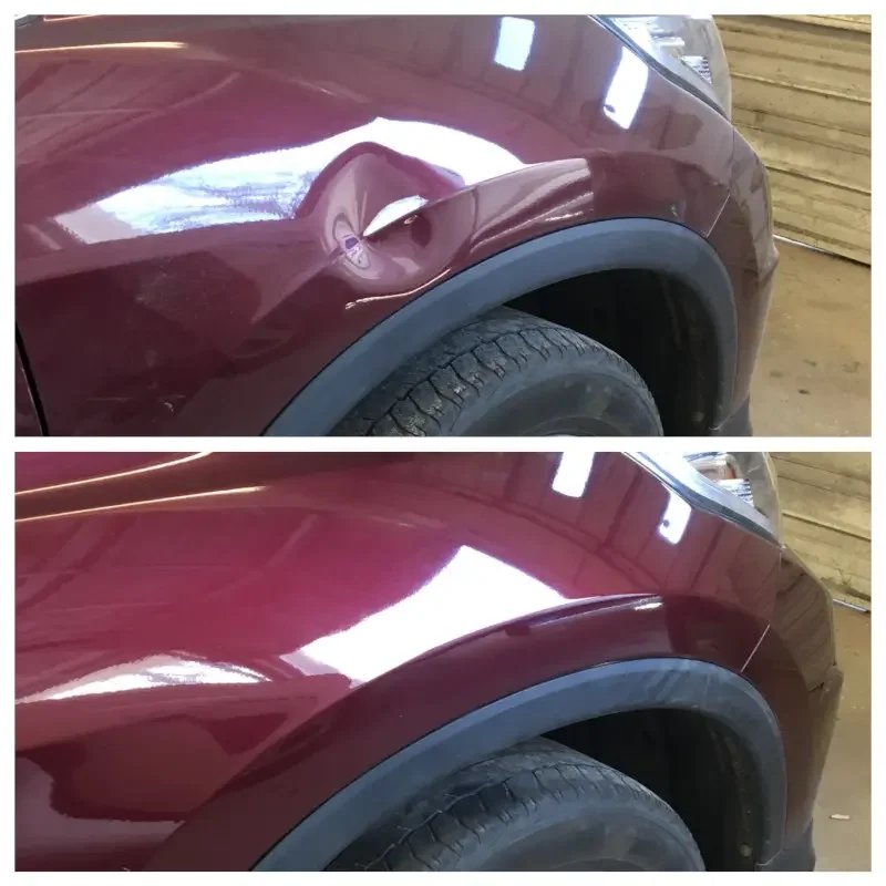Maroon fender before and after paintless dent repair