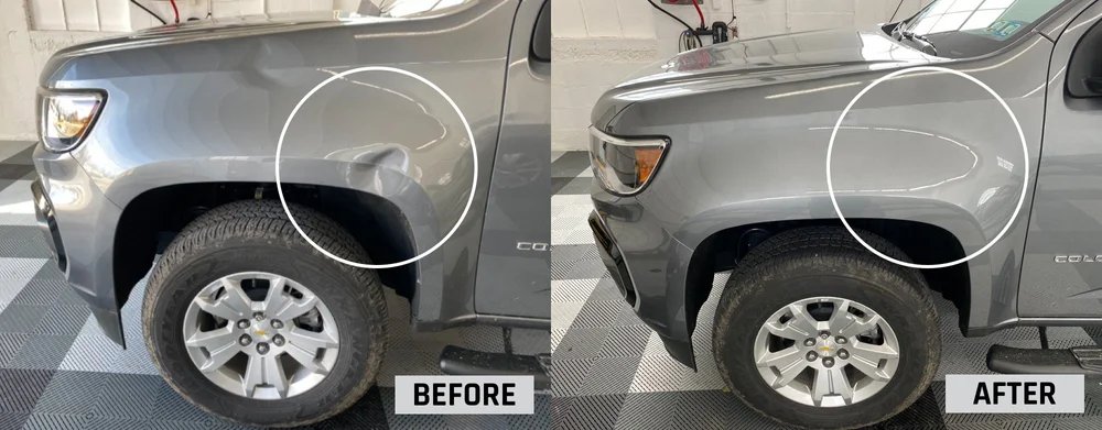 Silver truck fender before and after paintless dent repair